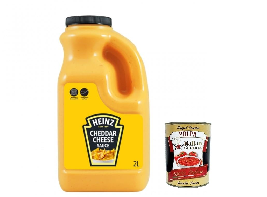 Italian Gourmet Bundle Cheddar Käsesauce 1x 1,98kg + Italian Gourmet Polpa Gratis – Cremige Cheddar Sauce für Nachos Burger Hot Dogs Pommes Dip BBQ Snacks Party Sauce Gastronomie Großpackungmet Polpa