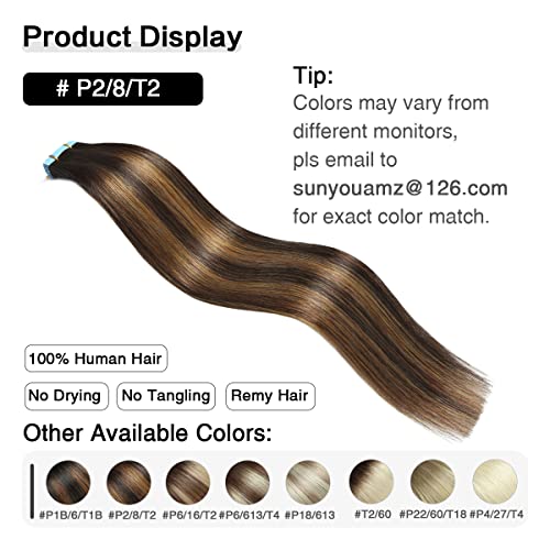 Image of SUYYA Tape In Hair Extensions Human Hair 18 Inch #P2 /8 /T2 Brown Balayage | Remy Human Hair, Invisible Skin Weft, Straight Hair, 20PCS 40G, Darkest Brown to Light Brown Balayage, Added Length & Volume