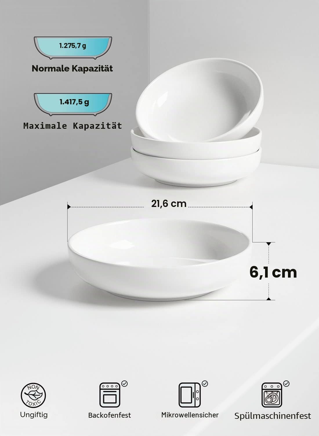 LE TAUCI Pastaschüsseln, Salatschüssel-Set zum Servieren von Suppe, Nudeln, Abendessen, große Küchenschüssel, Teller, 21,6 cm, Weiß, 4 Stück