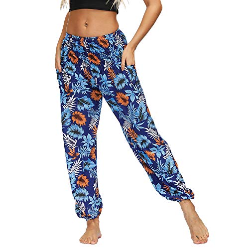 Image of Nuofengkudu Women's Harem Hippie Pants Baggy Boho Patterned High Waist Smocked Waist Thin with Pockets Lounge Trousers for Yoga Summer Beach (One Size, Y-Blue Floral)