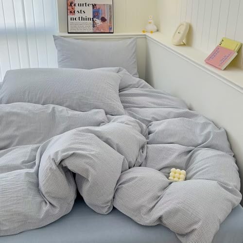 Image of MKXI Ultra-Breathable Washed Cotton Duvet Cover Set, Full 3-Piece Set - Fine Blue & White Stripes - Textured, Comfy Bedding - Coastal, Farmhouse, Minimalist Style