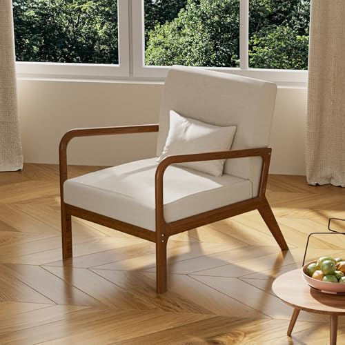 FiveWillowise Gepolsterter Sessel mit Armlehnen, Loungesessel mit Massivholzrahmen Relaxsessel für Wohnzimmer Schlafzimmer, Stoff Lehnsessel mit Lendenkissen, Ohrensessel, Polsterstuhl, Beige