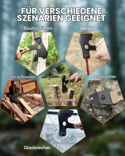 HX OUTDOORS Multifunktionale Axt, Volltang Überleben Camping Taktische Axt Beil, Titanbeschichtete Klinge G10 Griff Camp Bushcraft Handbeil… – Ansicht 3