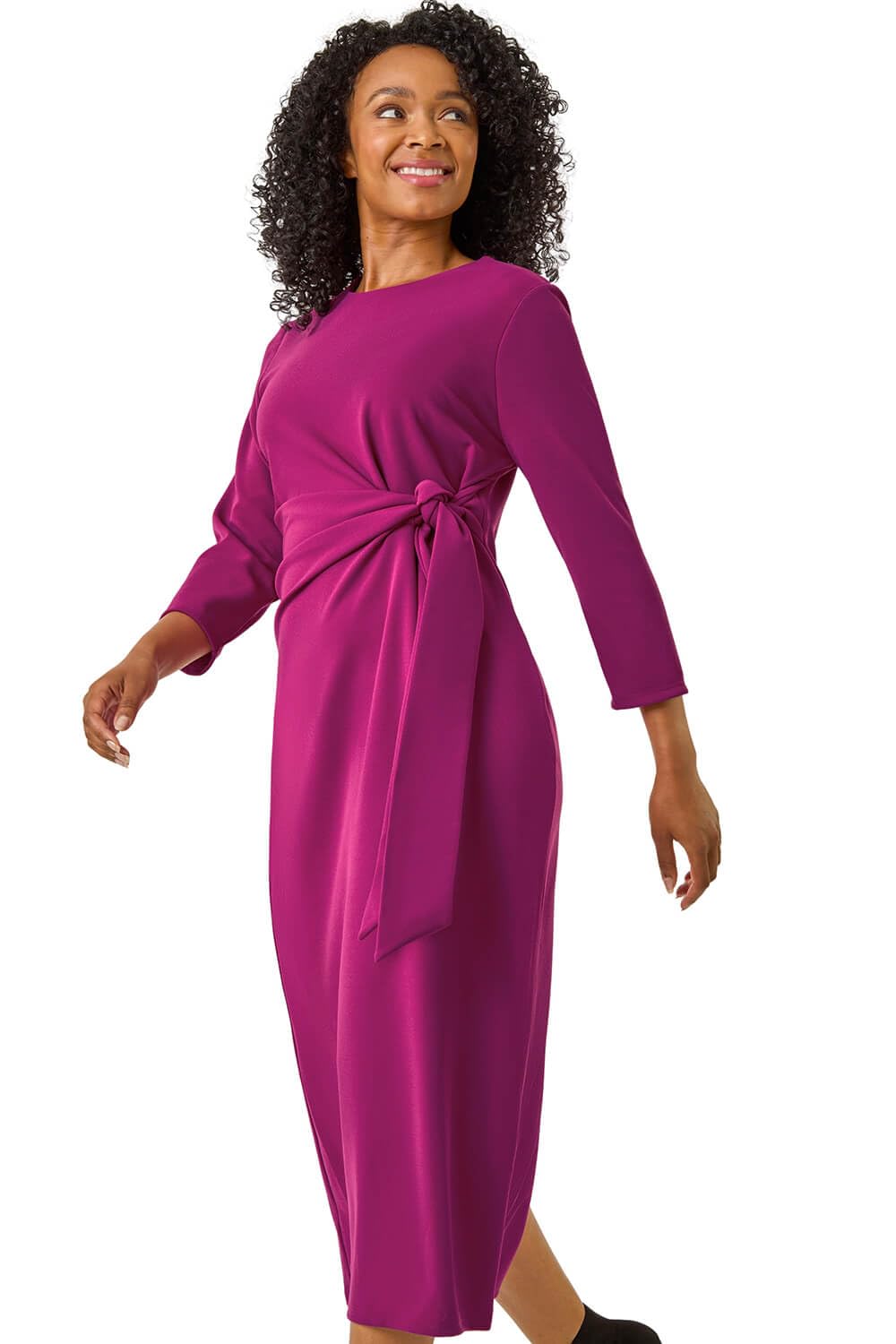 Roman Women's Petite Tie Waist Stretch Midi Dress in Magenta | Size: 14