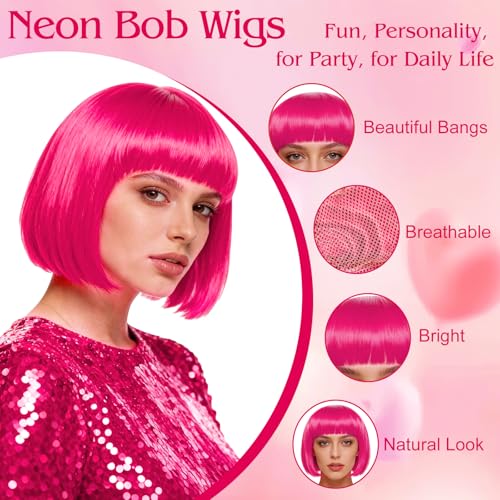 Image of MEEZY 2 Pcs Colored Bob Wigs with Bangs Black Hot Pink for Women Colorful Neon Fun Wig Short Bob Hair with Heart Sunglasses Hair Cap for Halloween Costume Cosplay Birthday Bachelorette Party Supplies