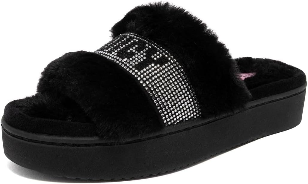 Juicy Couture Women’s Platform Slipper with Rhinestone Logo Strap, Plush Fuzzy Slide House Shoe with Soft Cushion Footbed