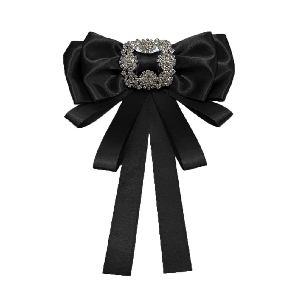 Vintage Crystal Big Bowknot Ribbon Shirt Pre-tied Bow Neck Tie Brooches Lapel Pins for Women Girls Elegant Rectangle Rhinestone Suit Collar Tie
