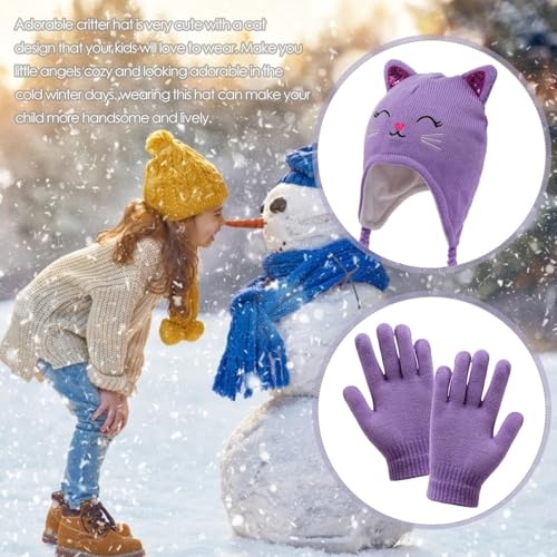 Kids Winter Cat Beanie Hat Gloves Set, Boys Girls Warm Fleece Lined Hat with Earflap Children Cute Cat Hat for 3-7T3
