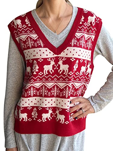Image of JULYCLO Christmas Sweater Vest Women Ugly Xmas Reindeer Knit Sweaters Casual Santa Snowflake V Neck Sleeveless Outwear Tops