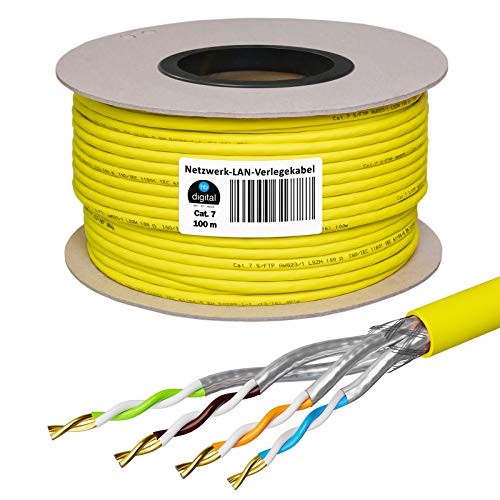 HB-Digital 100m Cat 7 LAN de Red Digital Cable de instalación Cable 100m Cat 7 Cobre Profi S/FTP PIMF LSZH Amarillo Libre de halógenos Conforme a RoHS Cat. 7 Cat7 Ethernet AWG 23/1 Color Amarillo