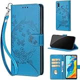for Huawei P30 Lite Case, Embossed Premium PU Leather Folio Flip Notebook Wallet Cover Compatible with Huawei P30 Lite Phone Case [Magnet Closure][Kickstand][Card Slots], Blue Flower