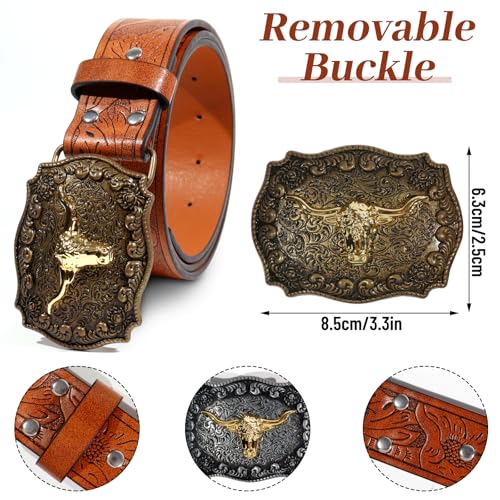 2Pcs Western Cowboy Belts for Women,Vintage Waist Strap belt Buckle Bull Deco Western Belt Fit 28"-41"4