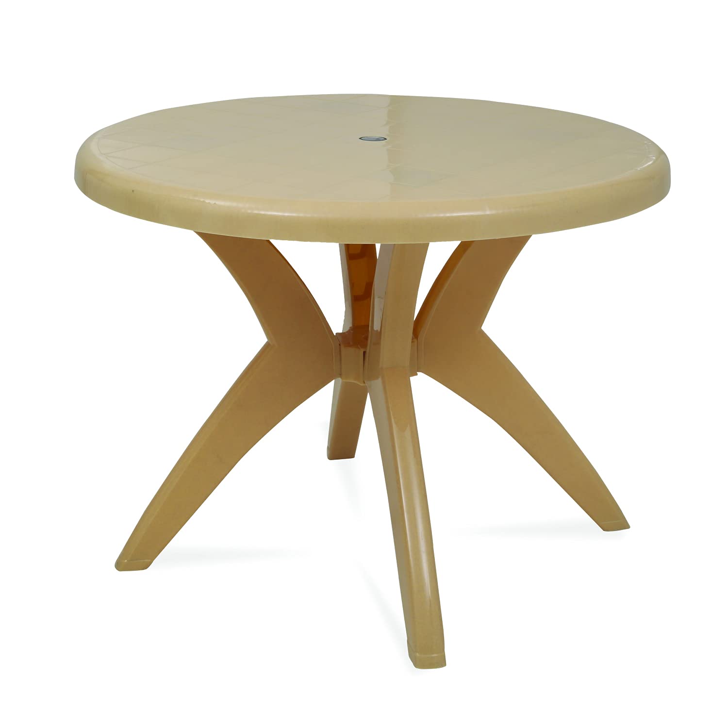 OAKNEST Supreme Marina Circular Design High Glossy Dining Table| Table with Umbrella Holder and Cross Legs for Dining Room Set/Garden/Cafe and Restaurants (Color: Marble Beige)