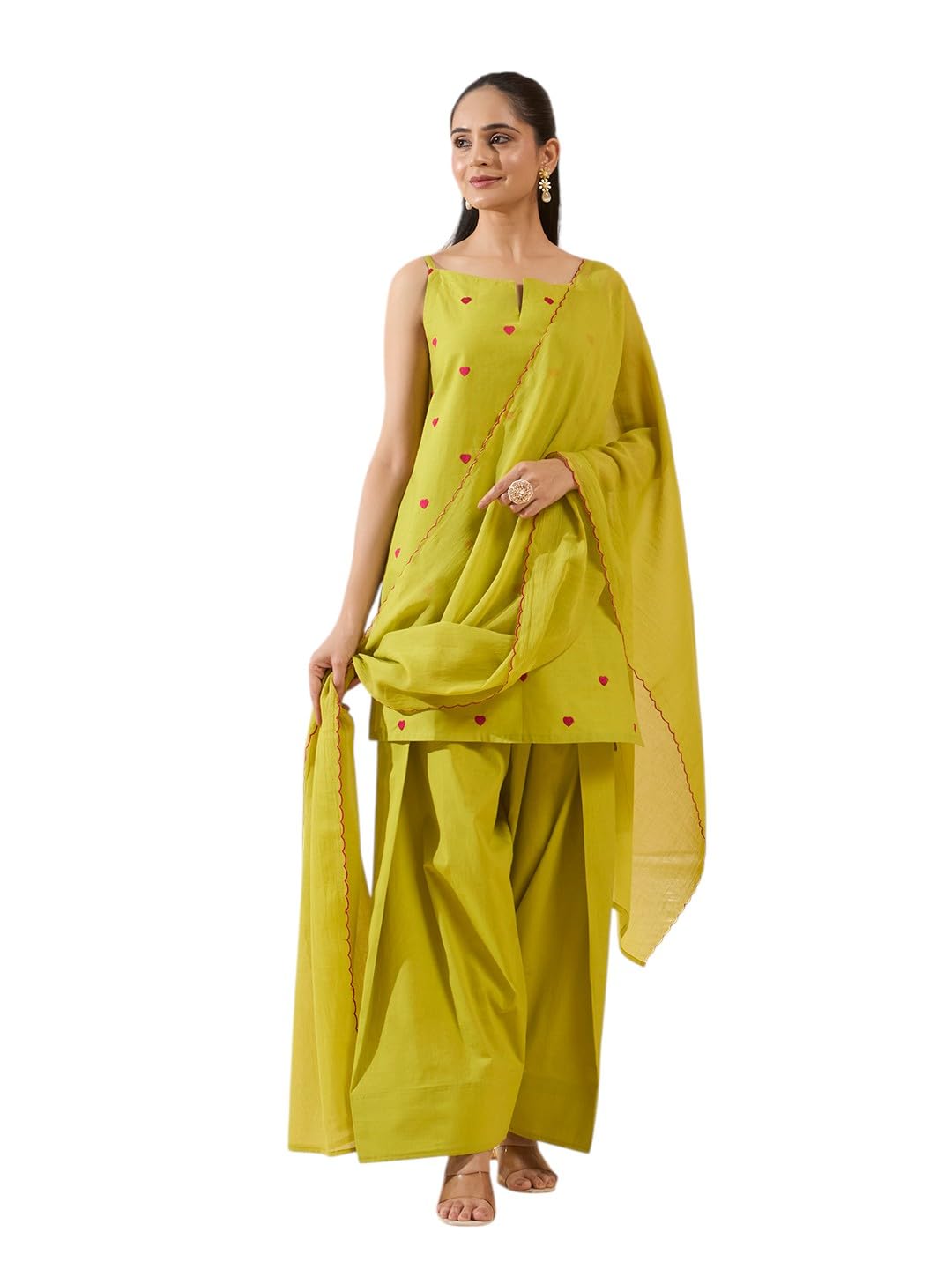 fiorra Women's Lemon Yellow Embroidered Cotton Farsi Salwar Suit Set with Dupatta-picture-21