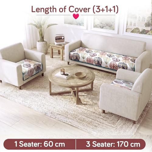 Image of HOKIPO 'Homehues Series' Printed Quilted Sofa Cover 5 Seater Set - Washable 3+1+1 Sofa Cover Mat, Multicolor Linden Leaf (IN-806 * 2 + IN-809 - D7)