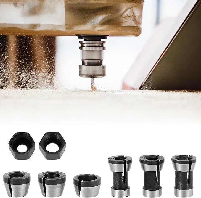 8Pcs Router Collet Chuck, High Precision Trimmer Collet Adapter 6mm 6.35mm 8mm, Carbon Steel Router Bit Collet Chuck Clamping Adapter with 2 Nuts for