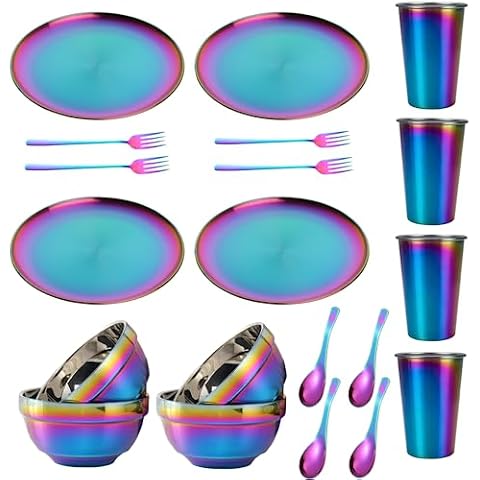 JYJFGSFA 20-Piece Rainbow Dinnerware Sets Service for 4, Stainless Steel Round Plates, Bowls, Mugs, Forks, Spoons Cover