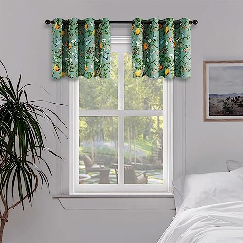 Image of Topfinel Sage Green Kitchen Valances 24 Inch Long Vintage Botanical Floral Hummingbird Thermal Insulated White and Green Silk Grommet Small Window Curtains for Track Laundry Kitchen Camper 2 Panels