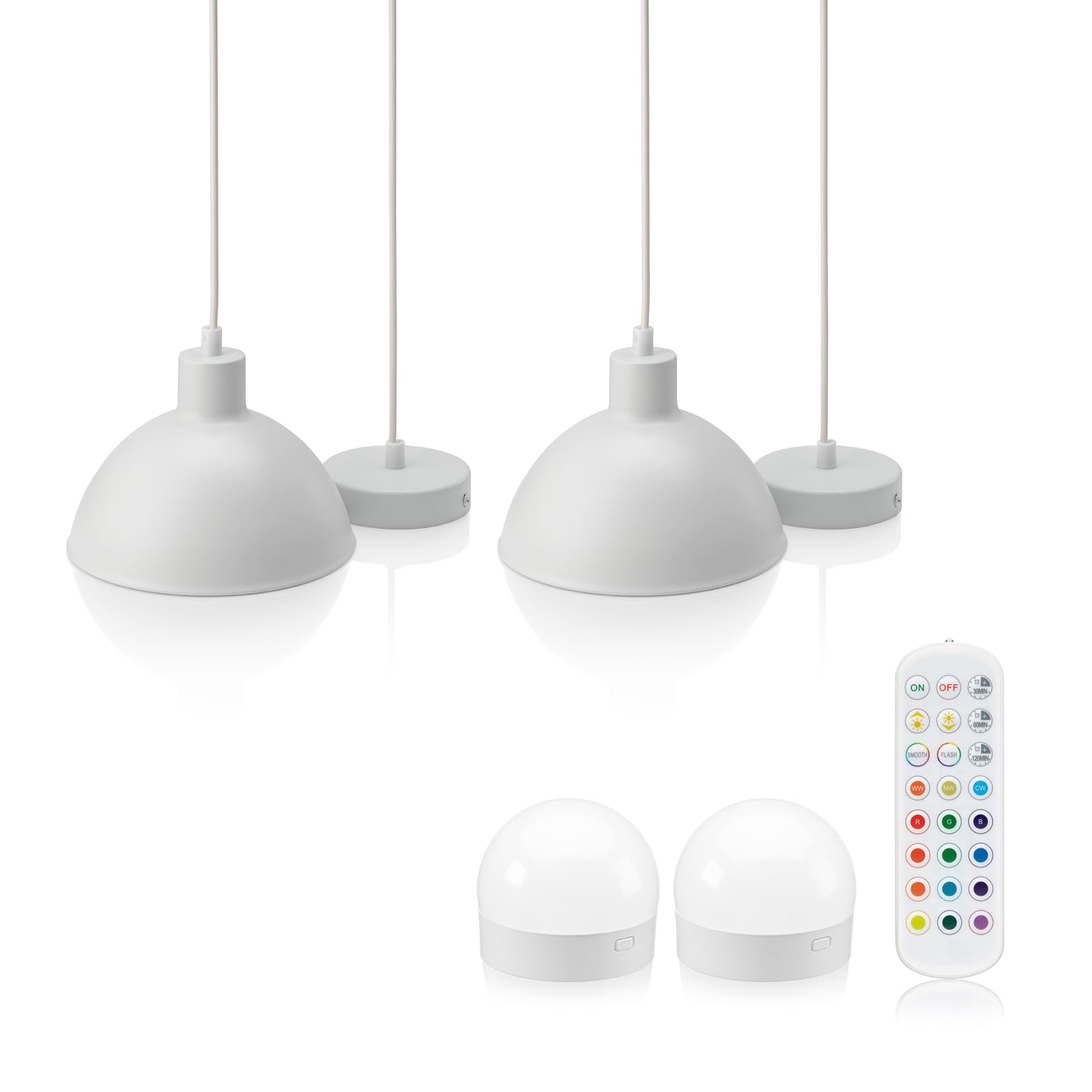 Auraglow Rechargeable Wireless Pendant Light with Remote – Cordless, Battery-Powered, Dimmable, Colour-Changing (White, 2 Lamps, 2 Light Sources, 1 Remote)