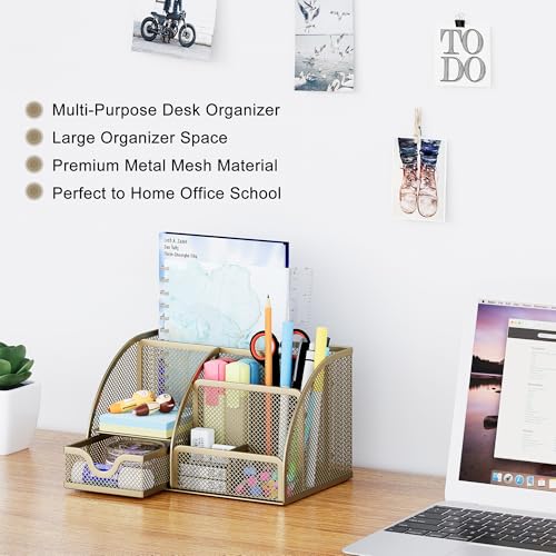 Image of EasyPAG Mesh Desk Organizer Office Supplies Caddy 6 Compartments with Drawer,Gold