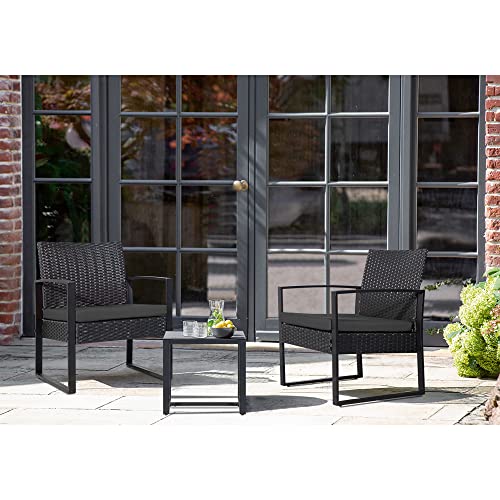 Alebert｢アレベルト｣ ラタン調 ガーデンファニチャー ガーデンテーブルセット テーブルセット 3点セット ベランダ 椅子 テーブルチェア ガーデンチェア アウトドア ２人用 耐水 耐熱 耐日光 おしゃれ 組立簡単 ベランダ/庭/プールサイド/室外用 四季通用 (Black) 2枚目