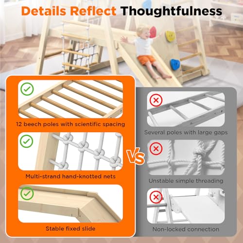 Indoor Playground 8-in-1 Wooden Jungle Gym Large Kids Play Gym Climbing Toys with Swing, Slide with Preperation Zone, Monkey Bars, Climbing Rocks, Rope Wall, Ladders