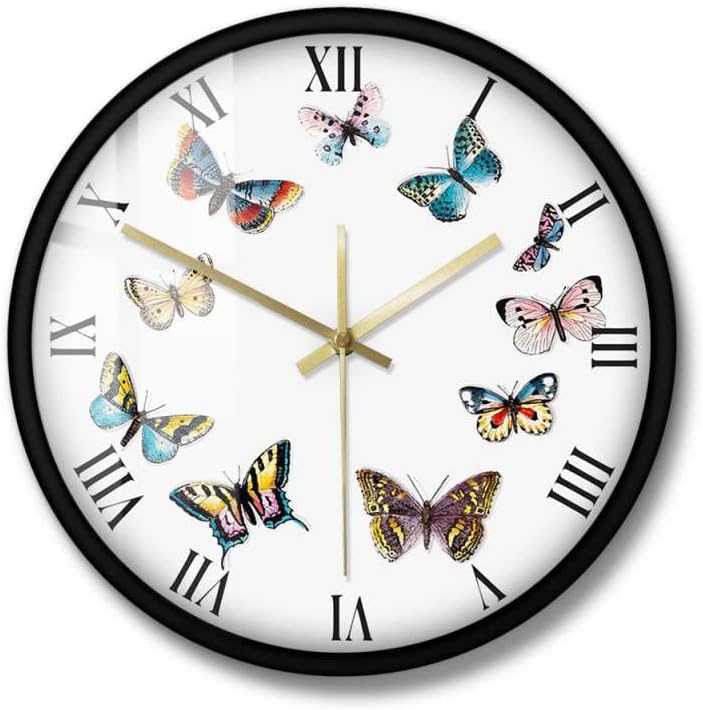 Reloj de pared de metal con mariposas coloridas con números romanos, silencioso, sin tictac, funciona con pilas, reloj de pared analógico decorativo
