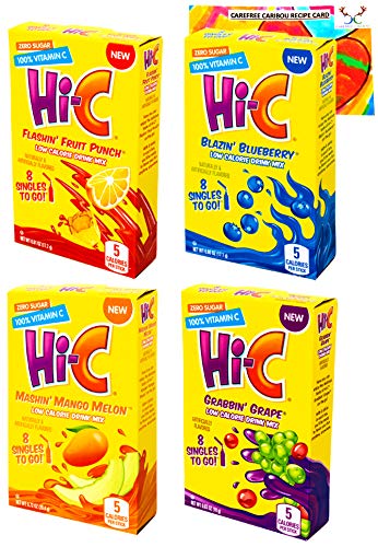 Singles To Go Drink Mix Bundle! Includes 4 Boxes of Hi-C Singles to Go Drink Mix and a Carefree Caribou gummy Bears Recipe Card! One Box of Each Flavor; Grabbin' Grape, Blazin' Blueberry', Mashin' Mango Melon, and Flashin' Fruit P