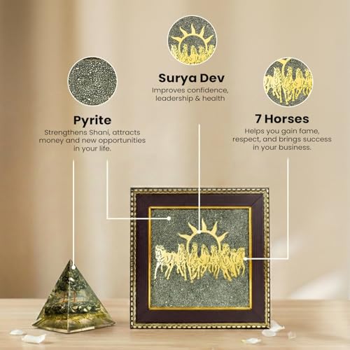 Image of Astrotalk 7 Horses on Raw Pyrite Frame with Money Magnet Pyramid | Attract Wealth, Prosperity & Success | Home Decor for Living Room, Mandir & Office | Good Luck Gift for Man & Women