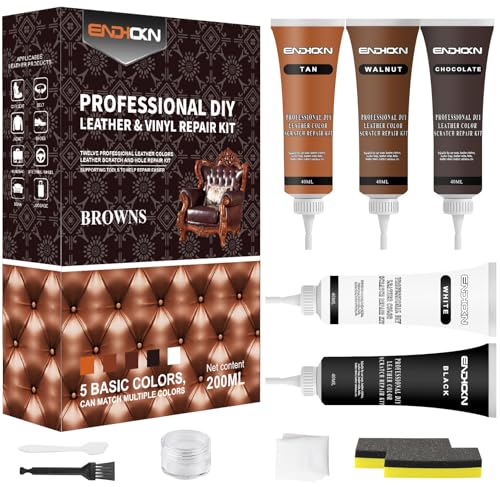Kit de Reparación de Cuero 5 Colores, Endhokn Cuero Liquido Reparador para Sofás, Asientos de Coche, Chaquetas, Bolsos, Monederos, Cinturones, Zapatos, Agujeros y Arañazos Reparador Cuero (40ml*5)