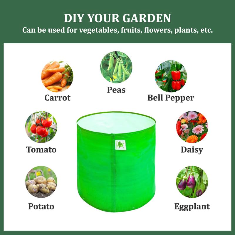 Image of Sow and Grow HDPE UV Protected 270 GSM Round Grow Bags for Terrace and Backyard Gardening Planters for Vegetable, Flower, Herbs and Fruits Green Color, Reusable Plant Bags (18x6 INCH, 5)