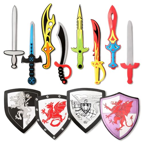Liberty Imports 12 Pack Foam Swords and Shields Playset, Medieval Combat Ninja Warrior Weapons Costume Role Play Accessories for Kids Party Favors