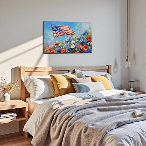 Image of Framed 4th of July Fireworks Wall Art, Patriotic USA Canvas Art Pictures, American Flag Wall Decor, Made in USA Ready to Hang for Living Room Bar Patio