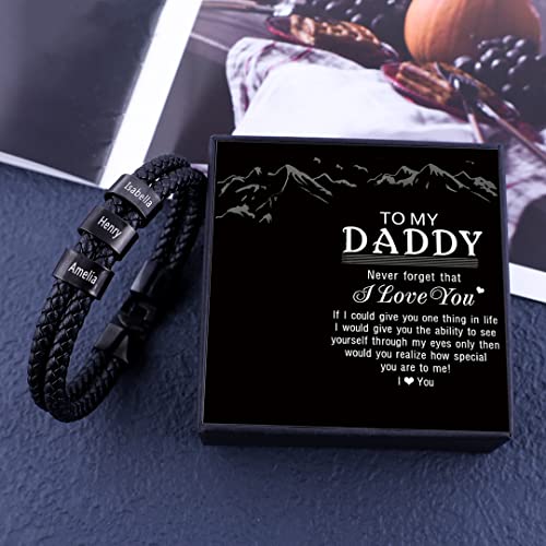 Gifts For Dad Personalized Men’s Bracelets Black Braid Leather Bracelets For Men With 1-8 Names Customized Beads Custom Id Bracelet For Men (4 Beads) #TOP5