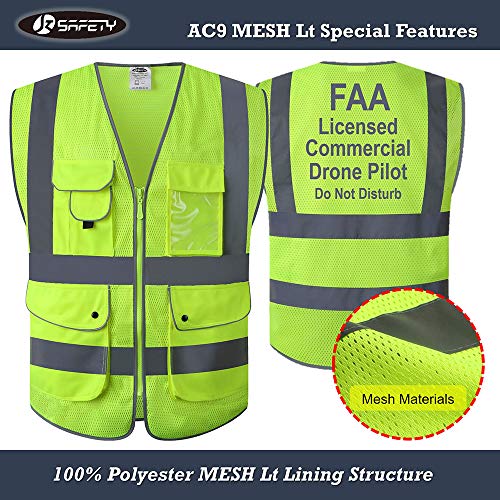 Jksafety 9 Pockets Class 2 High Visibility Zipper Front Faa Drone Pilot Safety Vest With Reflective Strips,Hq Breathable Mesh,Meets Ansi/Isea Standards(210-Drone-Yellow Xl) #TOP1