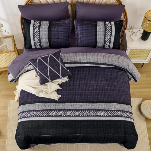Image of Dintszyayue Purple Cal King Comforter Size Set, 8 Pieces Boho Striped Texture Bed in a Bag Sets, Lightweight Soft Bohemian Comforter and Sheet Set, All Season Microfiber Bedding Sets for Men Women