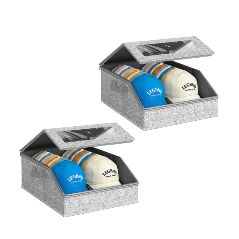 Comforso Stackable Hat Storage Boxes 2 Packs for Baseball Caps,Holds up to 48 Caps with Clear Window & Handles,Large Capacity Flip-Top Access Holder,Dustproof Hat Organizer for Closet (Widened, Grey)