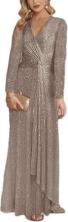 Grey Long Sleeve Sequin Dress For Women Formal Gowns Sparkly V Neck Maxi Dress For Wedding Guest,S