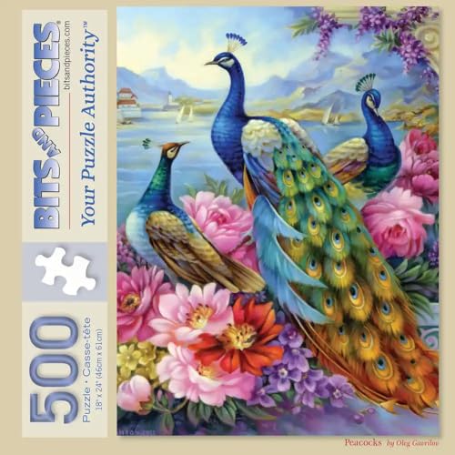 Bits and Pieces – 500 Piece Jigsaw Puzzle for Adults – Peacocks - Flower Lake Bird Jigsaw Puzzle by Artist Oleg Gavrilov, Completed Puzzle Size: 18" x 24"