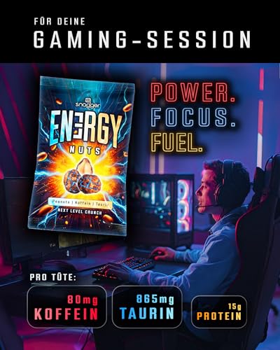 SNAGGER ENERGY NUTS - 2x 90g Erdnüsse geröstet & gesalzen mit Koffein & Taurin – Gamer Snack mit Energy Kick – wie ein Energy-Drink – mit Honig verfeinert