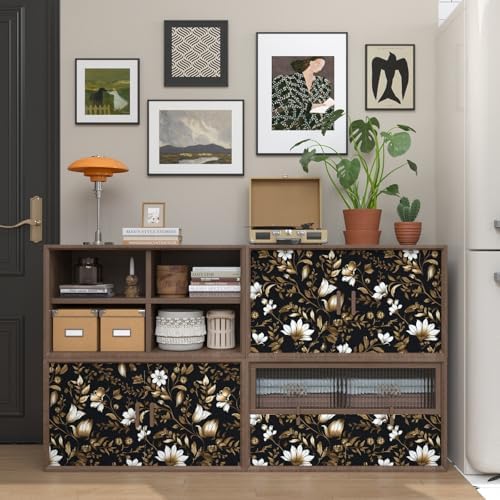 BOKEBEVE Vintage Peel and Stick Wallpaper Retro Floral Contact Paper Leaves Boho Wall Paper for Backsplash Tabletop Removable Waterproof Home Decor Black Gold Yellow 17.5 x 393.5In — view 6