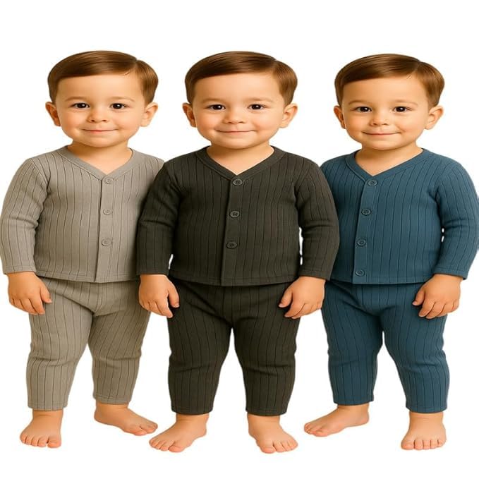 Thermal Wear Set for Infants, Front Open Top with Bottom, Newborn Winter Wear Keep Warm Baby Boy & Girl Unisex Body Warmer Soft Fabric Pack of 3,