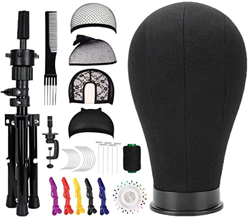 SZCY LLC 23 Inch Canvas Block Head Mannequin Wig (Black), Stand Tripod with Head, Display Styling Mount Hole, Manikin Set for Wigs Making