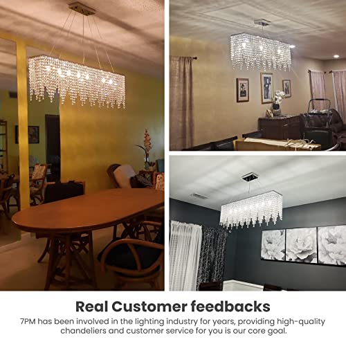 7Pm Rectangle Crystal Chandelier Modern Chrome Chandeliers Contemporary Raindrop Hanging Lighting Fixture For Dining Room Kitchen Island 31.5 Inch #TOP4