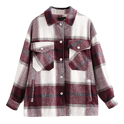 JIYAYUIX Kariertes Shacket-Freizeithemd für Damen, Langarm, Cordmantel,...