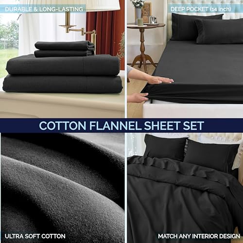Elegant Comfort Set Di Lenzuola In 100% Flanella Di Cotone Turco, Morbide, 4 Pezzi, Lenzuolo Con Angoli Profondi Di Alta Qualità, Ultra Morbide, Calde E Anti-Pelucchi, Per Letto Matrimoniale, Nero - 7