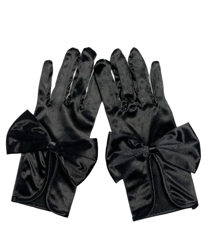 Women's Satin Bow Gloves, Black, Short Length, Formal Evening Opera Silk Dress Gloves2