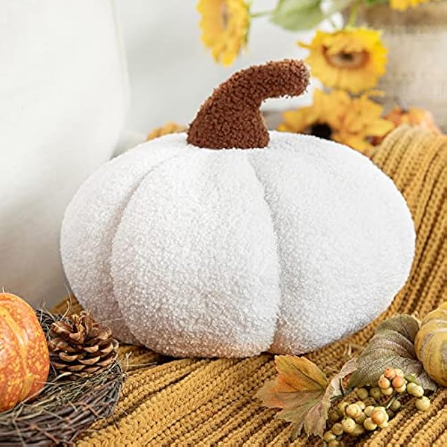 Phantoscope Teddy Fleece Pumpkin Throw Pillows, Halloween Ultra Soft Sherpa Decorative Cute 3D Shaped Cushion, White, 6 x 12 inches