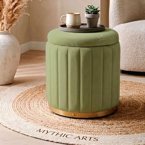 Image of Superior Round Storage Ottoman Stool 13 X 13X 16 inch, with Gold Metal Base | Elegant Pouffe with Secret Storage | Cushioned Footrest for Living Room, Bedroom, and Lounge Pista Green