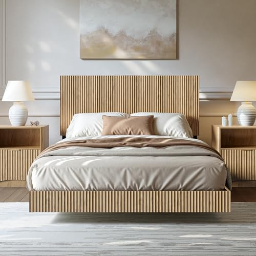 Image of Evermagin Oak Full Floating Bed Frame with Headboard | Boho Fluted Platform Bed with LED Lights, Heavy Duty Floating Bedframe with Charging Station, No Box Spring Needed